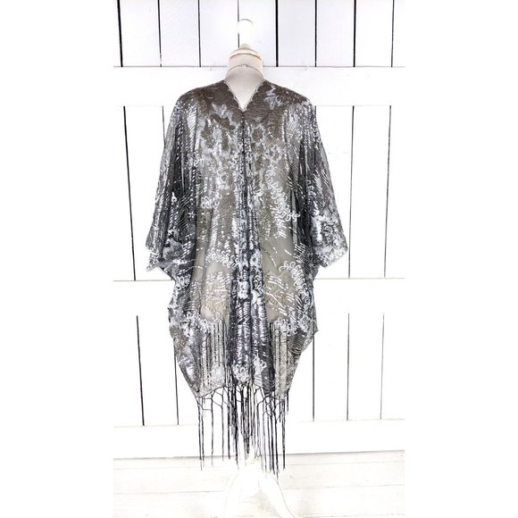 Silver and black sequin sheer kimono cover up jacket - Picture 6 of 6